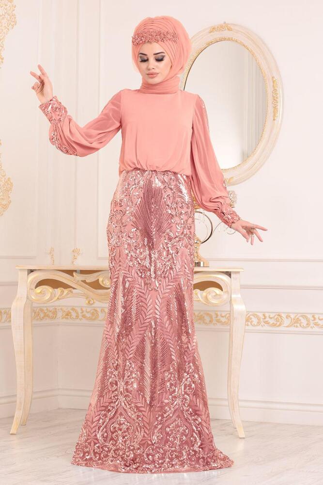 Saumonc - Tesettürlü Abiye Elbise - Robes de Soirée Hijab 45820SMN - 1