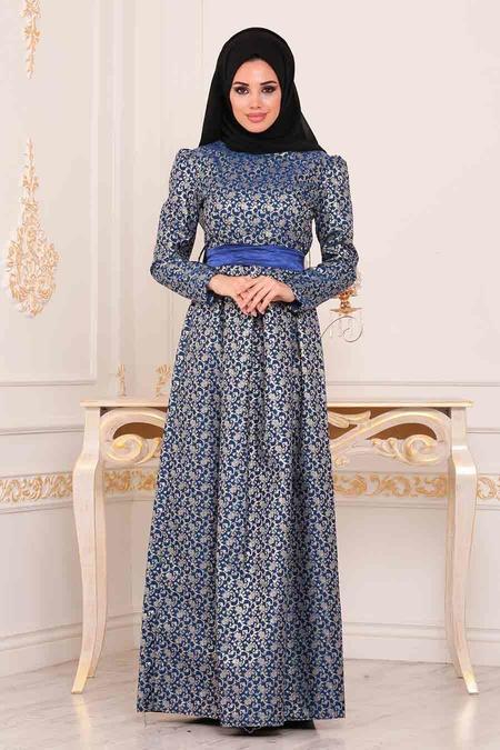 Sax Blue Hijab Evening Dress 24415SX