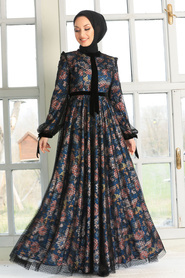 Sax Blue Hijab Evening Dress 31740SX - Thumbnail
