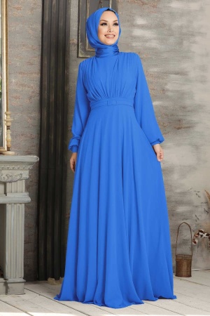 Neva Style - Plus Size Sax Blue Islamic Clothing Evening Dress 5422SX - 1