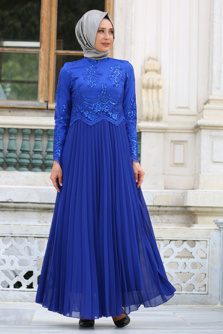 Sax Blue Hijab Evening Dress 7722SX