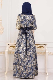 Sax Blue Hijab Evening Dress 82453SX - Thumbnail