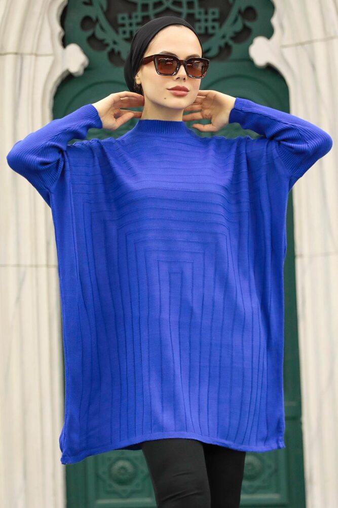 Sax Blue Hijab Knitwear Poncho 3404SX - 1