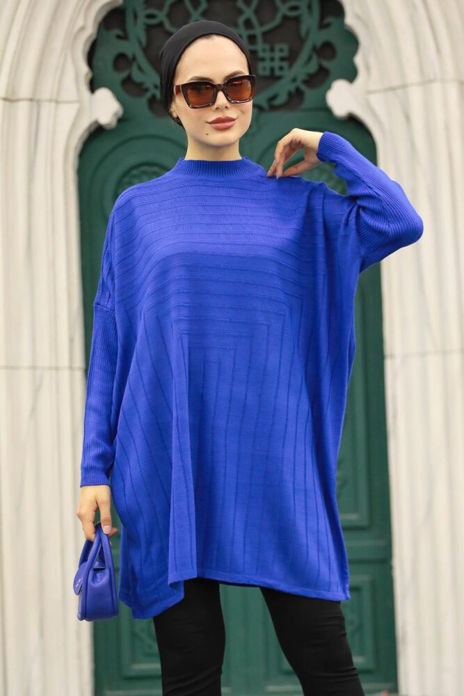 Sax Blue Hijab Knitwear Poncho 3404SX - 2