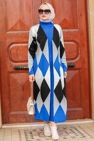 Sax Blue Hijab Knitwear Suit Dress 3181SX - Thumbnail