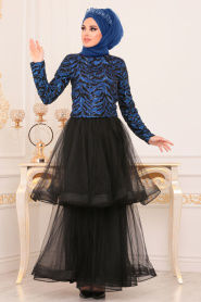 Sax Blue Hijab Evening Dress 37110SX - Thumbnail