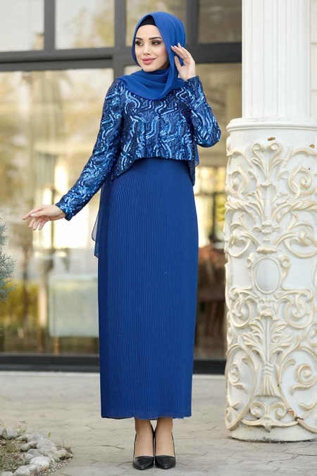 Neva Style - Long Sax Blue Hijab Dress 3743SX