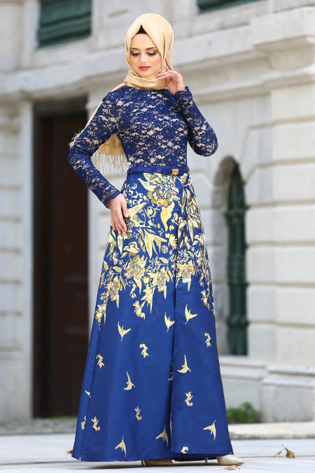Neva Style - Long Sax Blue Islamic Dress 82443SX