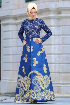 Neva Style - Long Sax Blue Islamic Dress 82447SX - 1
