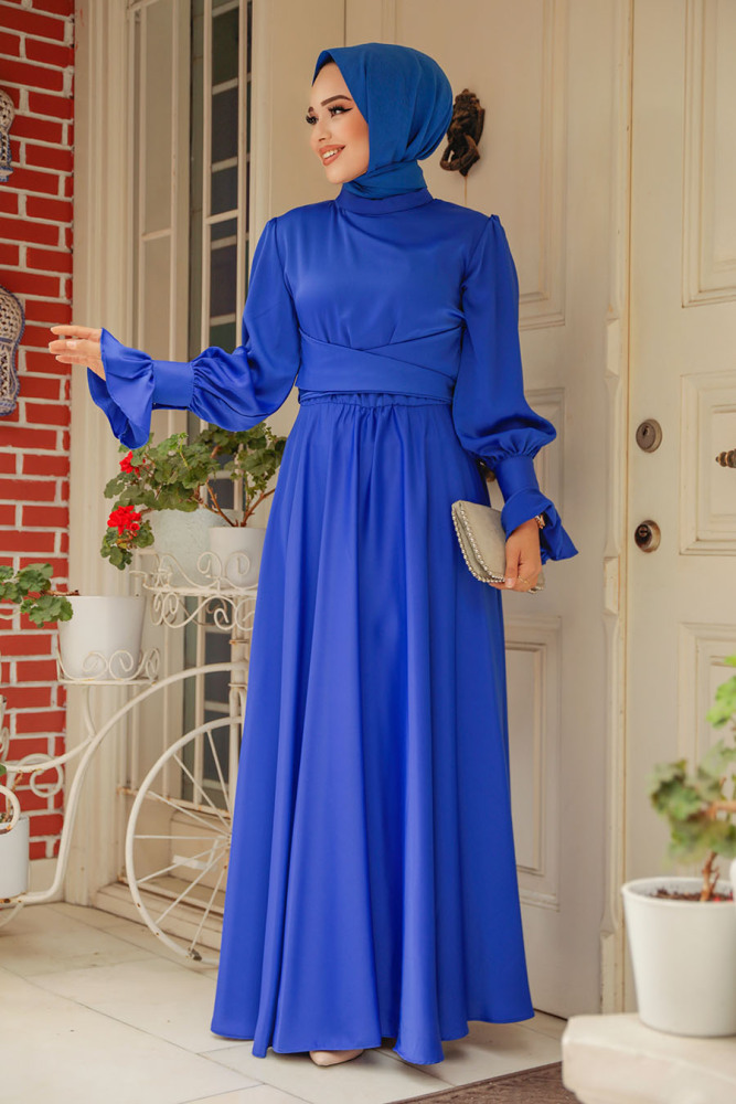 Sax Blue Satin Modest Evening Gown 5983SX - 2