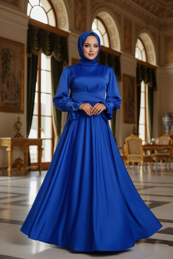 Sax Blue Satin Modest Evening Gown 5983SX - TESETTÜRLÜ ABİYE ELBİSELER