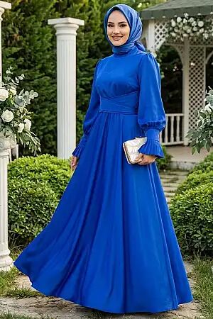 Sax Blue Satin Modest Evening Gown 5983SX 