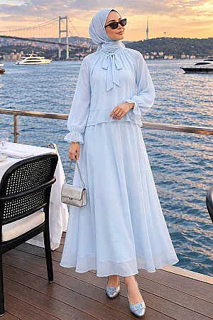 Scarf Collar Ruffle-Detail Baby Blue Modest Set 53331BBM 