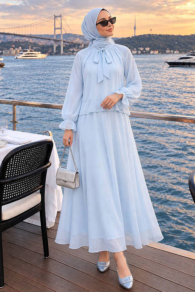 Scarf Collar Ruffle-Detail Baby Blue Modest Set 53331BBM - 1