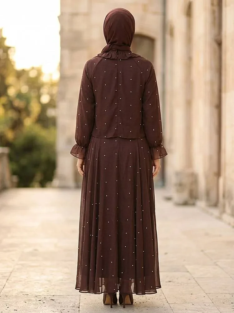 Scarf Collar Ruffle-Detail Dark Brown Modest Set 53331KKH - 2