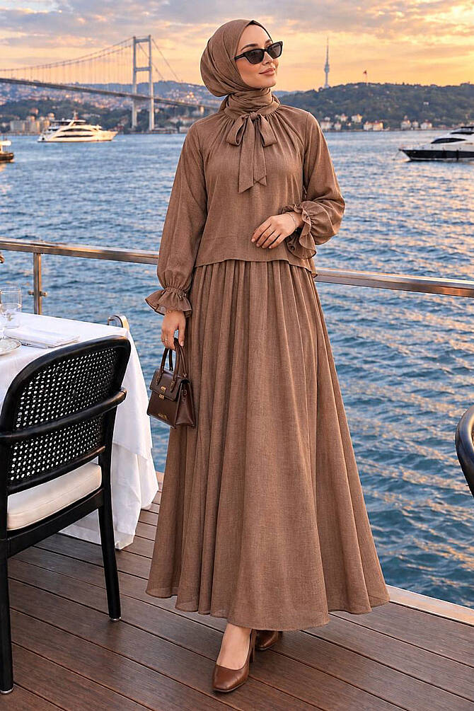 Scarf Collar Ruffle-Detail Mink Modest Set 53331V - 1