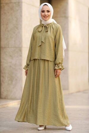Scarf Collar Ruffle-Detail Pistachio Green Modest Set 53331FY 