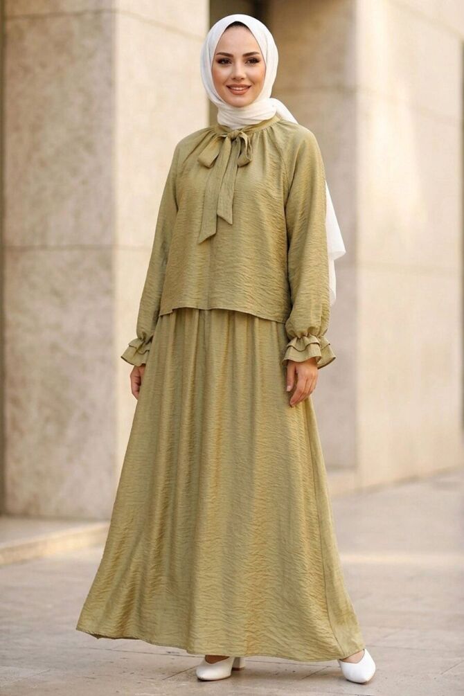 Scarf Collar Ruffle-Detail Pistachio Green Modest Set 53331FY - 1