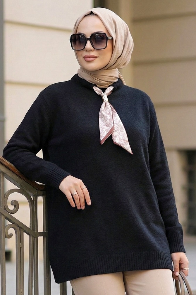 Scarf Detail Black Modest Knit Sweater 8968S - 1