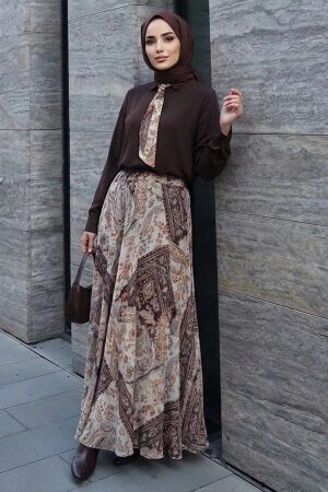 Scarf-Detail Brown Modal Modest Skirt Set 13860KH - 1