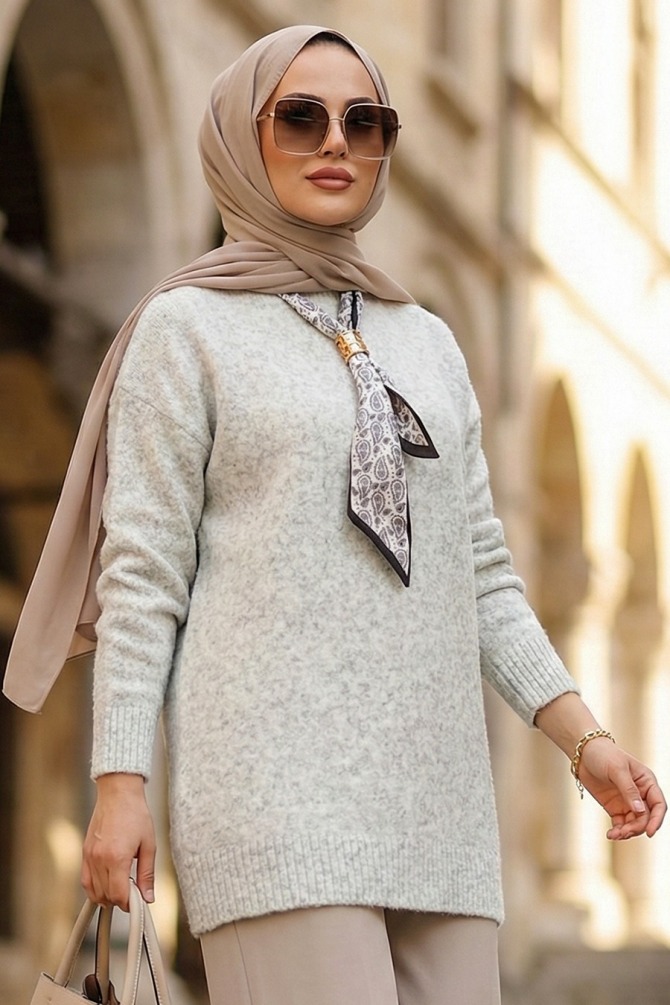 Scarf Detail Gray Modest Knit Sweater 8968GR - 1