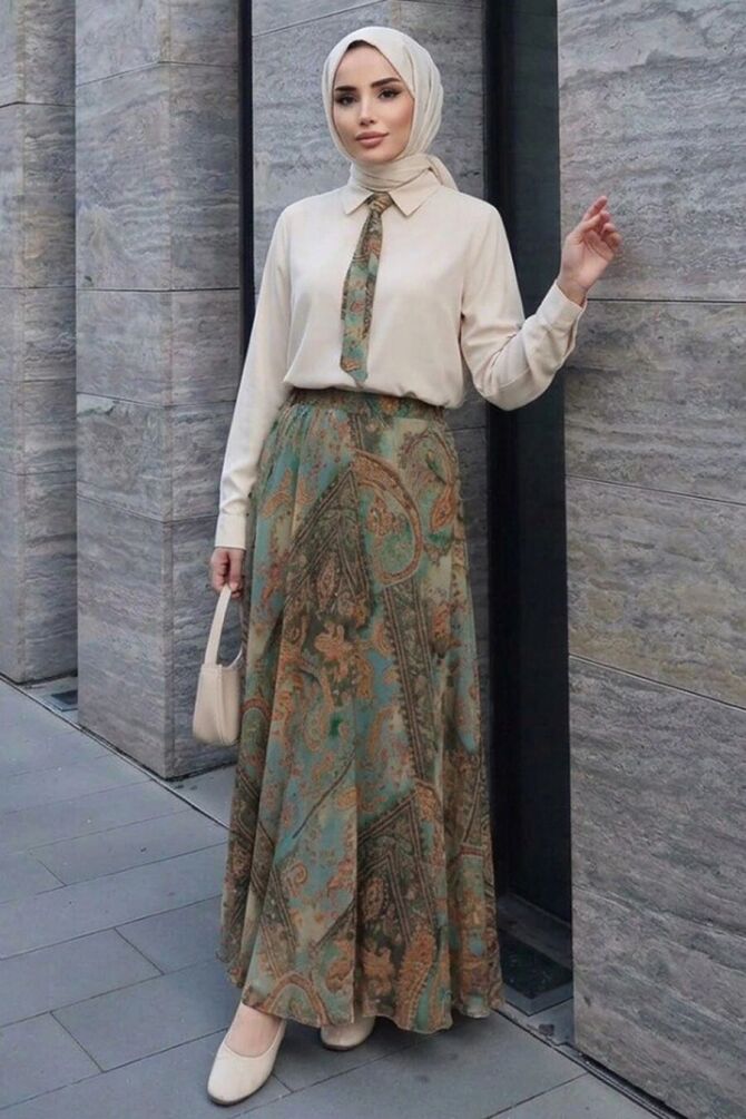 Scarf-Detail Khaki Modal Modest Skirt Set 13860HK - 1