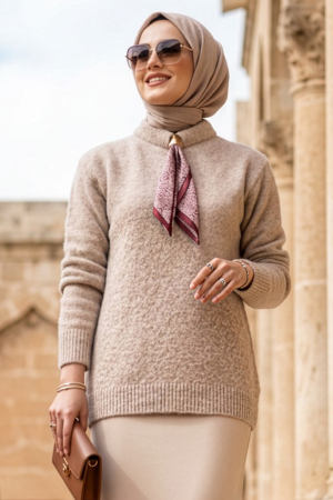 Scarf Detail Mink Modest Knit Sweater 8968V - N.S NEVA STYLE
