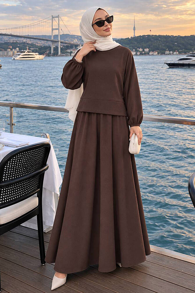 Seam-Detail Oysho Fabric Brown Modest Skirt Set 3011KH - 1