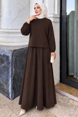 Seam-Detail Oysho Fabric Dark Brown Modest Skirt Set 3011KKH 