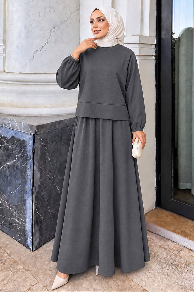 Seam-Detail Oysho Fabric Gray Modest Skirt Set 3011GR - 1