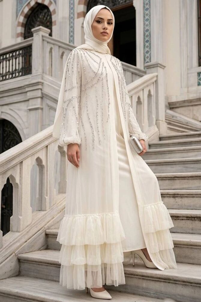 Sequin-Detail Cream Modest Abaya 61841KR - 1