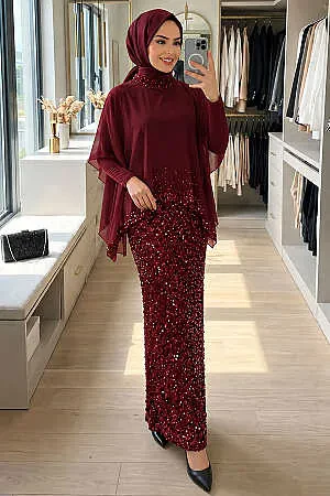 Sequined Burgundy Modest Evening Dress 48282BR - 1