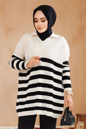 Şerit Çizgili Krem Tesettür Triko Kazak Tunik 53401KR 