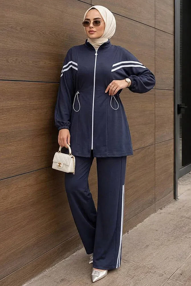 Stripe Detail Drawstring Waist Zip-Up Oysho Anthracite Modest Two-Piece Set 10614ANT - 1