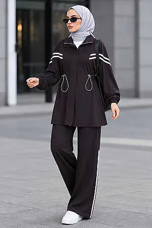 Stripe Detail Drawstring Waist Zip-Up Oysho Dark Brown Modest Two-Piece Set 10614KKH 