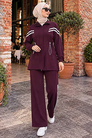 Stripe Detail Drawstring Waist Zip-Up Oysho Cherry Modest Two-Piece Set 10614VSN 