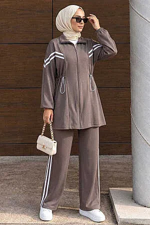 Stripe Detail Drawstring Waist Zip-Up Oysho Mink Modest Two-Piece Set 10614V 