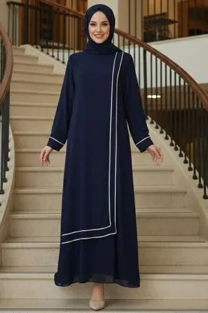 Şerit Detaylı Lacivert Tesettür Abiye Elbise 4874L - 1