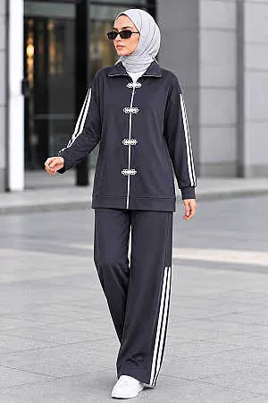 Stripe and Accessory Detail Zip-Up Oysho Anthracite Modest Two-Piece Set 10600ANT 