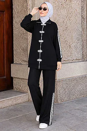 Stripe and Accessory Detail Zip-Up Oysho Black Modest Two-Piece Set 10600S 