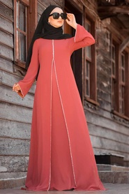Şeritli Kiremit Tesettür Elbise 3150KRMT - Thumbnail