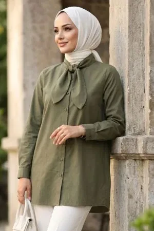 Shawl Collar Almond Green Modest Tunic 27012CY 