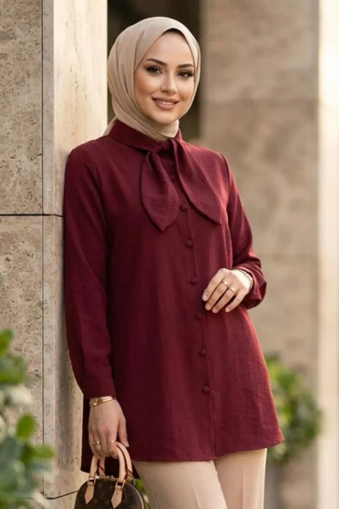 Shawl Collar Burgundy Modest Tunic 27012BR - 1