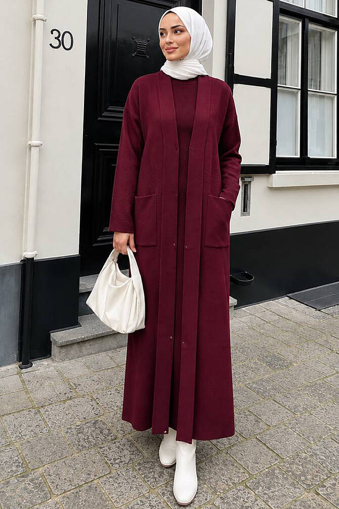 shawl collar Pocketed Cherry Modest Knit Cardigan 40015VSN - 1