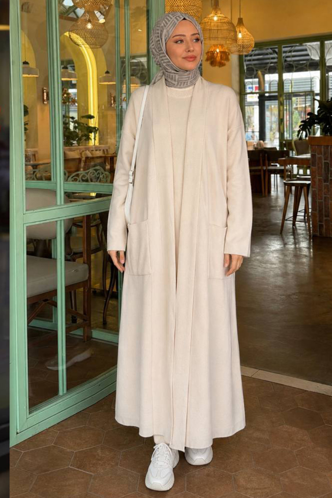 shawl collar Pocketed Cream Modest Knit Cardigan 40015KR - 1