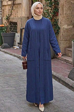 shawl collar Pocketed Indigo Blue Modest Knit Cardigan 40015IM 