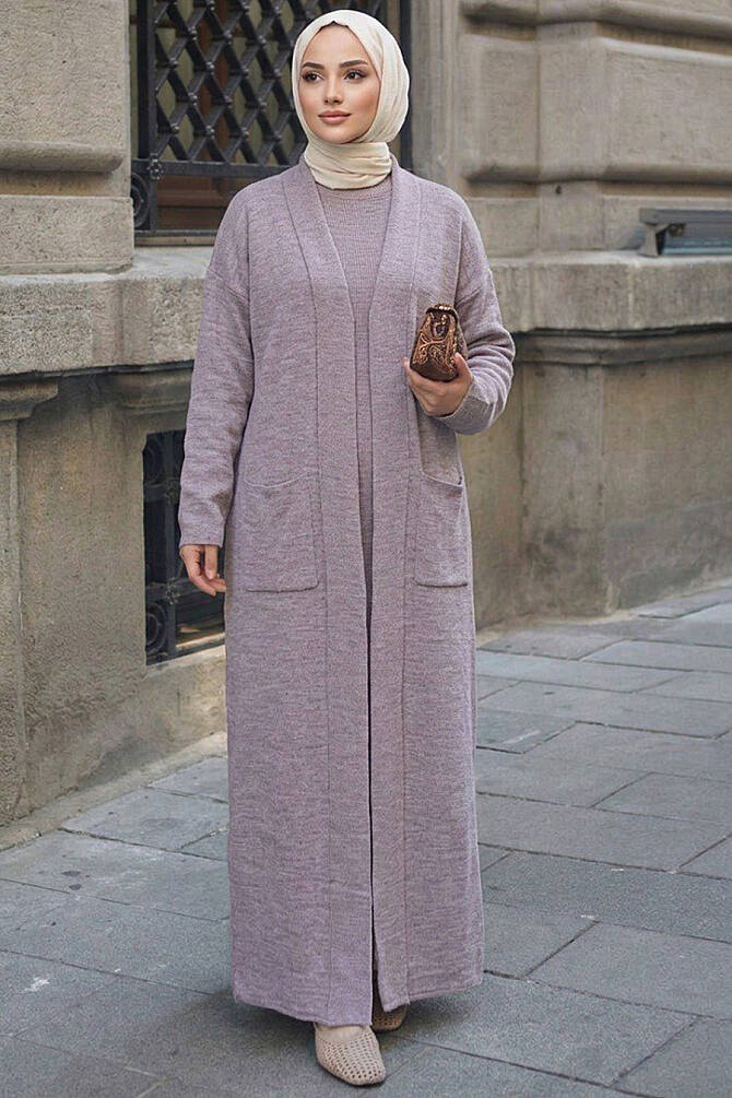 shawl collar Pocketed Mink Modest Knit Cardigan 40015V - 1