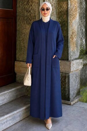 shawl collar Pocketed Navy Blue Modest Knit Cardigan 40015L 
