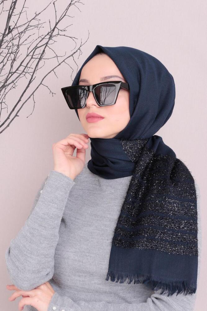Pamuklu Sim Şeritli Lacivert Şal 7478L - 1