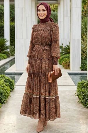 Shawl Patterned Brown Silk Satin Modest Dress 95705KH 